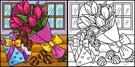 Diese Malseite zeigt einen Strauß Blumen und Pralinen. Eine Seite dieser Illustration ist farbig und dient Kindern als Inspiration.