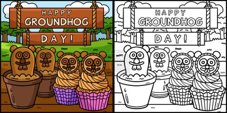 Illustration for This coloring page shows Groundhog Day Treats. One side of this illustration is colored and serves as an inspiration for children. - Royalty Free Image