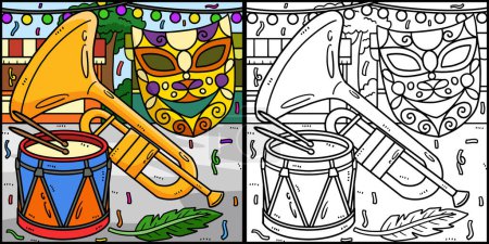 Illustration for This coloring page shows a Mardi Gras Trumpet, Drum, And Mask. One side of this illustration is colored and serves as an inspiration for children. - Royalty Free Image