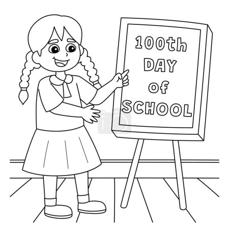 Illustration for A cute and funny coloring page for the 100th Day Of School Student Girl. Provides hours of coloring fun for children. Color, this page is very easy. Suitable for little kids and toddlers. - Royalty Free Image