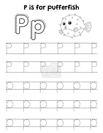 Illustration for A cute and funny tracing page of a Pufferfish. Provides hours of tracing fun for children. To trace, this page is very easy. Suitable for little kids and toddlers. - Royalty Free Image