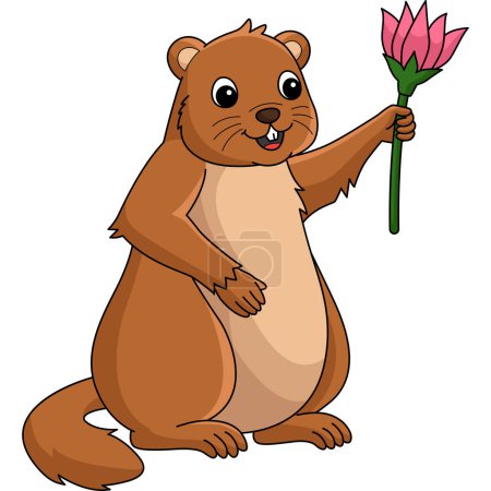 Illustration for This cartoon clipart shows a Groundhog Holding Flower illustration. - Royalty Free Image