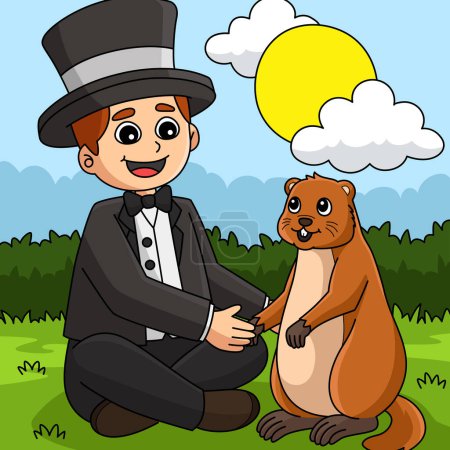 Illustration for This cartoon clipart shows a Man Holding a Groundhog illustration. - Royalty Free Image