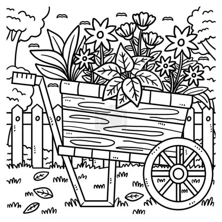 Illustration for A cute and funny coloring page of Plants in a wheelbarrow. Provides hours of coloring fun for children. Color, this page is very easy. Suitable for little kids and toddlers. - Royalty Free Image