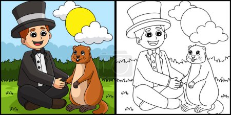 Illustration for This coloring page shows a Man Holding Groundhog. One side of this illustration is colored and serves as an inspiration for children. - Royalty Free Image