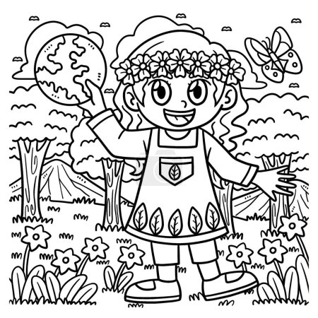 Illustration for A cute and funny coloring page of an Earth Day girl holding an earth cut out. Provides hours of coloring fun for children. Color, this page is very easy. Suitable for little kids and toddlers. - Royalty Free Image