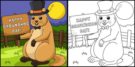 Ilustración de Esta página para colorear muestra una marmota con sombrero. Un lado de esta ilustración es de color y sirve como inspiración para los niños. - Imagen libre de derechos