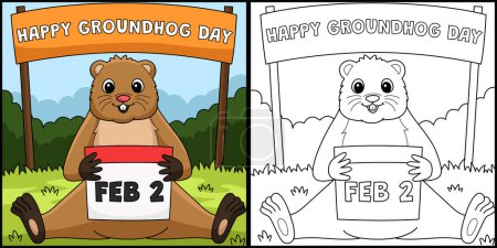 Illustration for This coloring page shows a Groundhog Holding Calendar. One side of this illustration is colored and serves as an inspiration for children. - Royalty Free Image