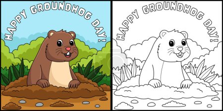 Ilustración de Esta página para colorear muestra un feliz día de la marmota. Un lado de esta ilustración es de color y sirve como inspiración para los niños. - Imagen libre de derechos