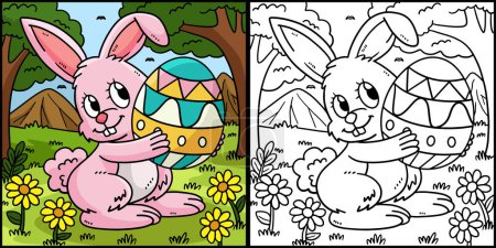 Ilustración de Esta página para colorear muestra un conejo que lleva huevo de Pascua. Un lado de esta ilustración es de color y sirve como inspiración para los niños. - Imagen libre de derechos