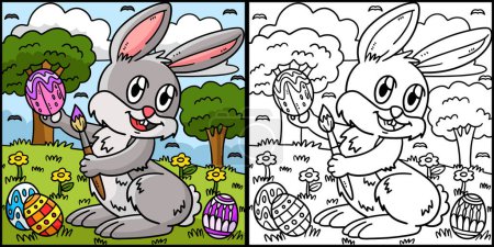 Ilustración de Esta página para colorear muestra un huevo de Pascua de pintura de conejo. Un lado de esta ilustración es de color y sirve como inspiración para los niños. - Imagen libre de derechos