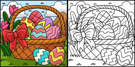 Illustration for This coloring page shows an Easter Eggs Basket. One side of this illustration is colored and serves as an inspiration for children. - Royalty Free Image