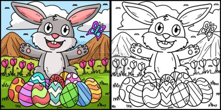 Ilustración de Esta página para colorear muestra un conejo con huevo de Pascua. Un lado de esta ilustración es de color y sirve como inspiración para los niños. - Imagen libre de derechos