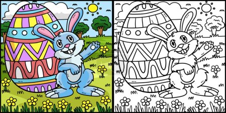 Ilustración de Esta página para colorear muestra un conejo con huevo de Pascua grande. Un lado de esta ilustración es de color y sirve como inspiración para los niños. - Imagen libre de derechos