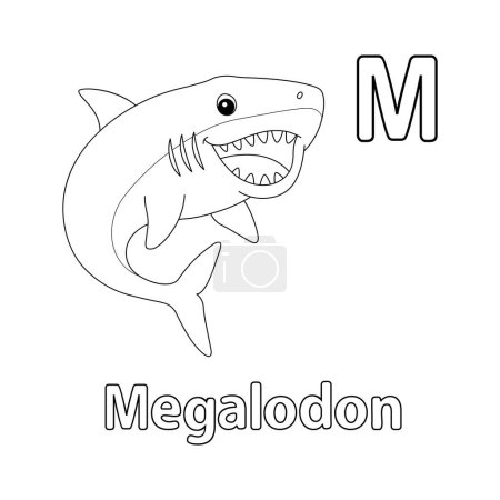 Dieses ABC-Vektorbild zeigt eine Megalodon-Malseite. Es ist isoliert auf weißem Hintergrund. Perfekt für Kinder und Grundschüler, um das Alphabet und all seine Buchstaben zu lernen.