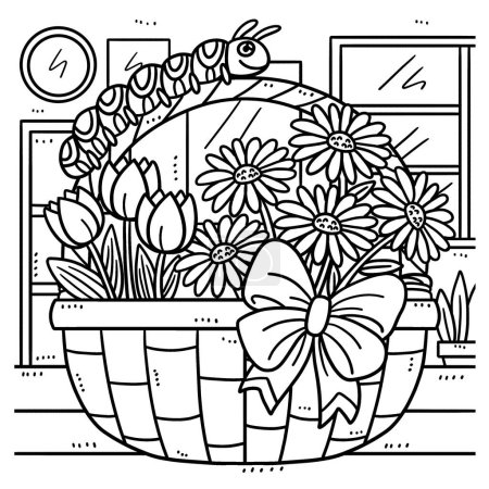 Illustration for A cute and funny coloring page of a caterpillar crawling on a basket of flowers. Provides hours of coloring fun for children. To color, this page is very easy. Suitable for little kids and toddlers. - Royalty Free Image