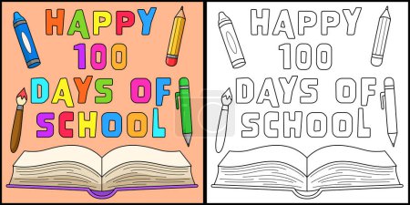Illustration for This coloring page shows a 100th Day Of School Text Book. One side of this illustration is colored and serves as an inspiration for children. - Royalty Free Image