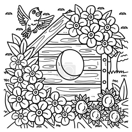 Illustration for A cute and funny coloring page of a bird house with flowers. Provides hours of coloring fun for children. To color, this page is very easy. Suitable for little kids and toddlers. - Royalty Free Image