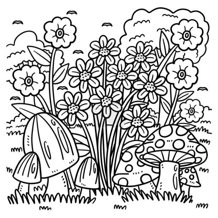Illustration for A cute and funny coloring page of mushrooms and flowers. Provides hours of coloring fun for children. To color, this page is very easy. Suitable for little kids and toddlers. - Royalty Free Image