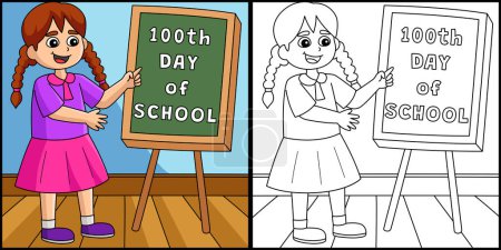 Illustration for This coloring page shows a 100th Day Of School Student Girl. One side of this illustration is colored and serves as an inspiration for children. - Royalty Free Image