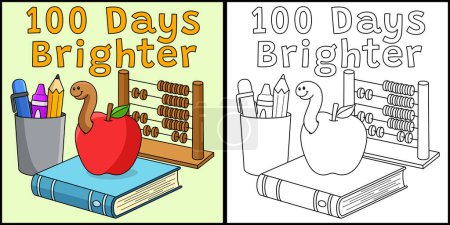 Illustration for This coloring page shows a 100th Day Of School Brighter. One side of this illustration is colored and serves as an inspiration for children. - Royalty Free Image