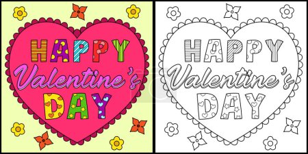 Esta página para colorear muestra un feliz día de San Valentín. Un lado de esta ilustración es de color y sirve como inspiración para los niños. 