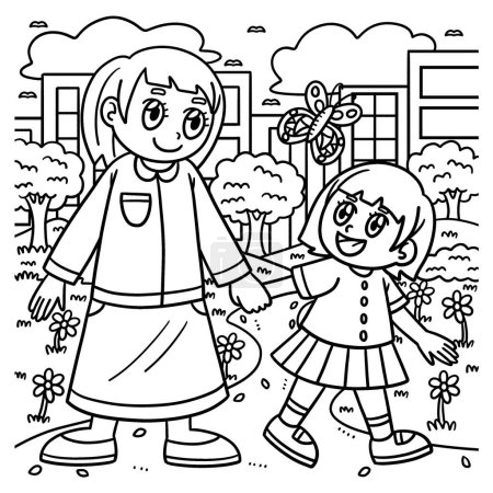 Illustration for A cute and funny coloring page of a Mother and Child. Provides hours of coloring fun for children. Color, this page is very easy. Suitable for little kids and toddlers. - Royalty Free Image