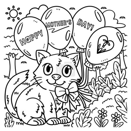 Illustration for A cute and funny coloring page of a Happy Mothers Day Cat And Balloons. Provides hours of coloring fun for children. Color, this page is very easy. Suitable for little kids and toddlers. - Royalty Free Image