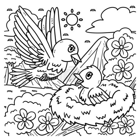 Illustration for A cute and funny coloring page of a Mama and Baby Bird. Provides hours of coloring fun for children. Color, this page is very easy. Suitable for little kids and toddlers. - Royalty Free Image