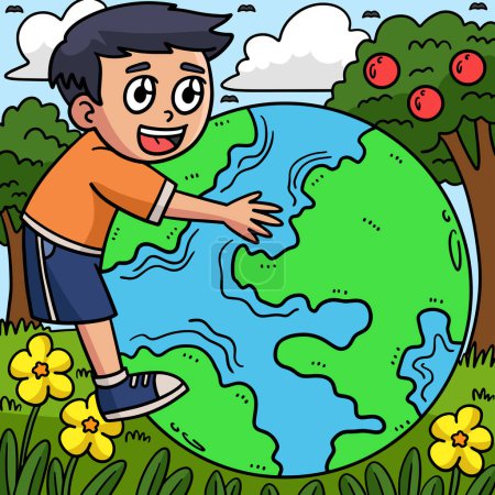 Illustration for This cartoon clipart shows a Earth Day Child Embracing Earth illustration. - Royalty Free Image