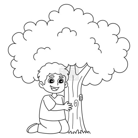 Illustration for A cute and funny coloring page of a Boy Hugging a Tree. Provides hours of coloring fun for children. Color, this page is very easy. Suitable for little kids and toddlers. - Royalty Free Image