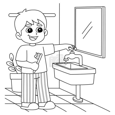 Illustration for A cute and funny coloring page of a Boy Conserving Water. Provides hours of coloring fun for children. Color, this page is very easy. Suitable for little kids and toddlers. - Royalty Free Image