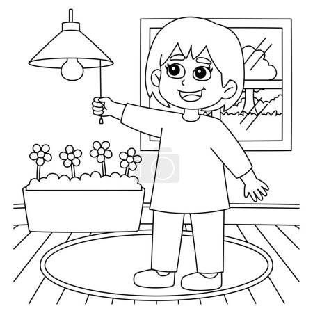Ilustración de A cute and funny coloring page of a Girl Conserving Energy. Provides hours of coloring fun for children. Color, this page is very easy. Suitable for little kids and toddlers. - Imagen libre de derechos