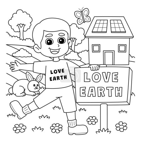 Illustration for A cute and funny coloring page of a Boy Holding a Love Earth Sign. Provides hours of coloring fun for children. Color, this page is very easy. Suitable for little kids and toddlers. - Royalty Free Image