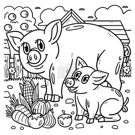 Illustration for A cute and funny coloring page of Mother Pig and Piglet. Provides hours of coloring fun for children. Color, this page is very easy. Suitable for little kids and toddlers. - Royalty Free Image
