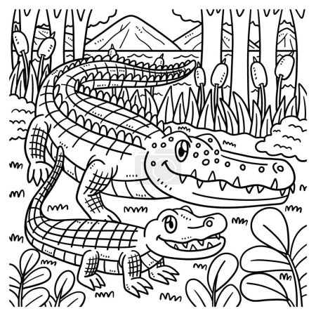 Illustration for A cute and funny coloring page of Mother Crocodile and Hatchling. Provides hours of coloring fun for children. Color, this page is very easy. Suitable for little kids and toddlers. - Royalty Free Image