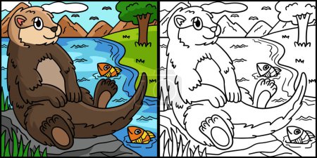 Téléchargez les illustrations : This coloring page shows a Sea Otter. One side of this illustration is colored and serves as an inspiration for children. - en licence libre de droit