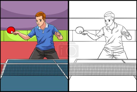 Diese Malseite zeigt Tischtennis. Eine Seite dieser Illustration ist farbig und dient Kindern als Inspiration.