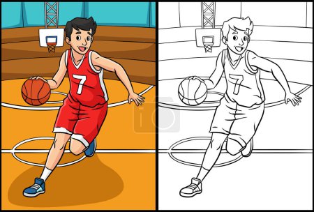 Téléchargez les photos : Cette page à colorier montre un ballon de basket. Un côté de cette illustration est coloré et sert d'inspiration pour les enfants. - en image libre de droit