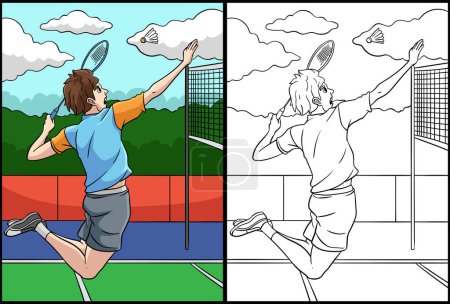 This coloring page shows Badminton. One side of this illustration is colored and serves as an inspiration for children.