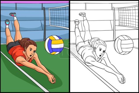Illustration for This coloring page shows a Volleyball. One side of this illustration is colored and serves as an inspiration for children. - Royalty Free Image