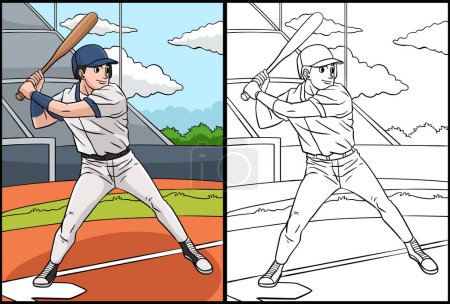 Diese Malseite zeigt einen Baseball. Eine Seite dieser Illustration ist farbig und dient Kindern als Inspiration.