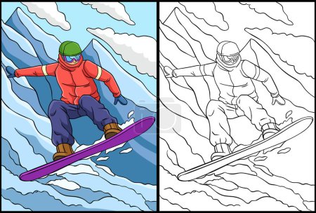 This coloring page shows Snowboarding. One side of this illustration is colored and serves as an inspiration for children.