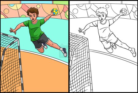 Ilustración de This coloring page shows a Handball. One side of this illustration is colored and serves as an inspiration for children. - Imagen libre de derechos