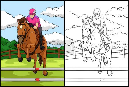 Téléchargez les illustrations : This coloring page shows a Show of Jumping. One side of this illustration is colored and serves as an inspiration for children. - en licence libre de droit