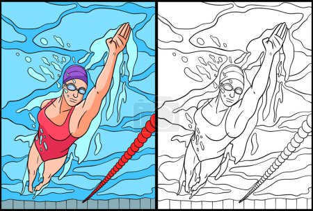 Téléchargez les photos : This coloring page shows Swimming. One side of this illustration is colored and serves as an inspiration for children. - en image libre de droit
