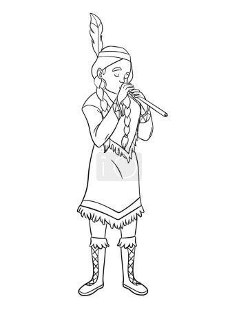 Illustration for A cute and funny coloring page Native American Indian Girl Playing Flute. Provides hours of coloring fun for children. Color, this page is very easy. Suitable for little kids and toddlers. - Royalty Free Image