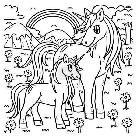 Illustration for A cute and funny coloring page of a Mother Unicorn and a Baby Unicorn. Provides hours of coloring fun for children. Color, this page is very easy. Suitable for little kids and toddlers. - Royalty Free Image