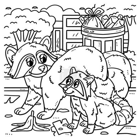Illustration for A cute and funny coloring page of a Mother Racoon and Baby Racoon. Provides hours of coloring fun for children. Color, this page is very easy. Suitable for little kids and toddlers. - Royalty Free Image