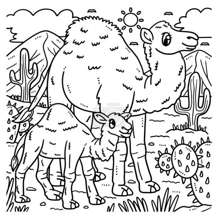 Illustration for A cute and funny coloring page of a Mother Dromedary and Baby Dromedary. Provides hours of coloring fun for children. Color, this page is very easy. Suitable for little kids and toddlers. - Royalty Free Image